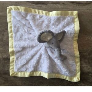 Grey Elephant Baby Security Blanket White Minky Rosebud Yellow Satin Trim Lovey